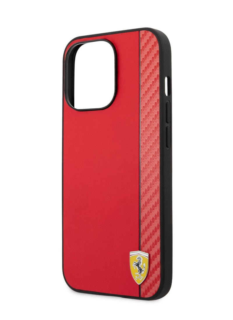 Ferrari Hard Case PU Smooth & Carbon Effect Vertical Stripe Metal Logo Compatible for iPhone 13 Pro - Red  - Image 5