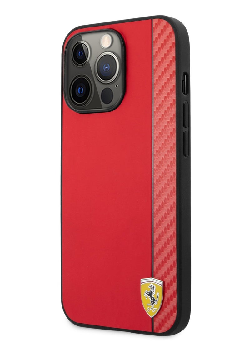 Ferrari Hard Case PU Smooth & Carbon Effect Vertical Stripe Metal Logo Compatible for iPhone 13 Pro - Red  - Image 3