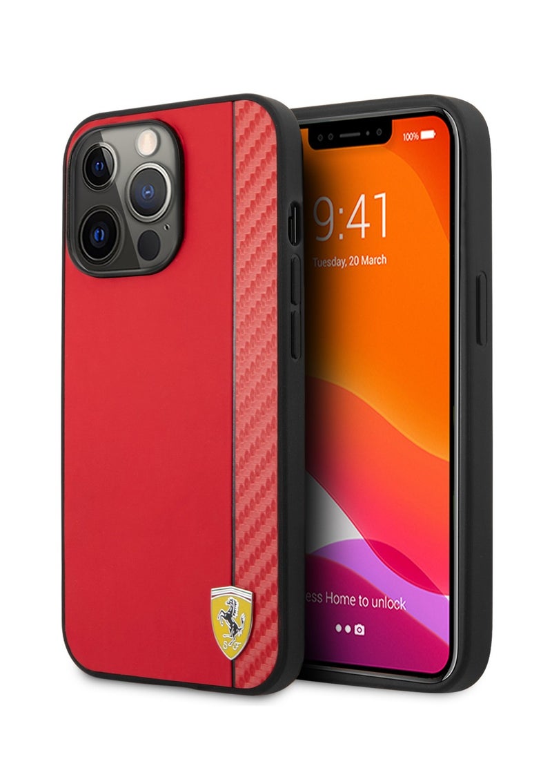 Ferrari - Hard Case PU Smooth & Carbon Effect Vertical Stripe Metal Logo Compatible for iPhone 13 Pro - Red - Image 1