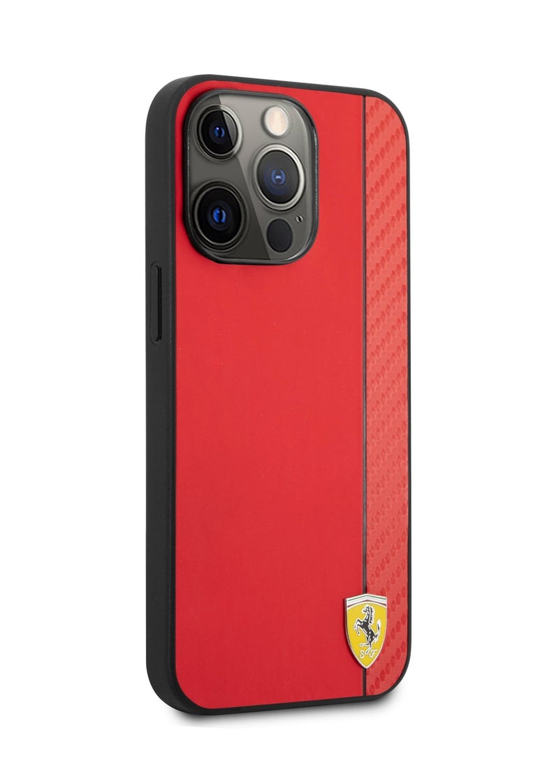 Ferrari Hard Case PU Smooth & Carbon Effect Vertical Stripe Metal Logo Compatible for iPhone 13 Pro - Red  - Image 2