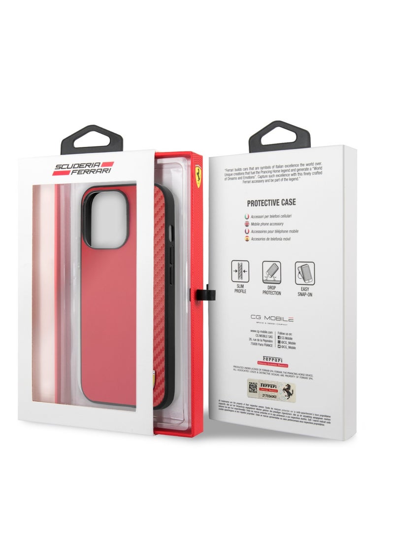 Ferrari - Hard Case PU Smooth & Carbon Effect Vertical Stripe Metal Logo Compatible for iPhone 13 Pro - Red - Image 1
