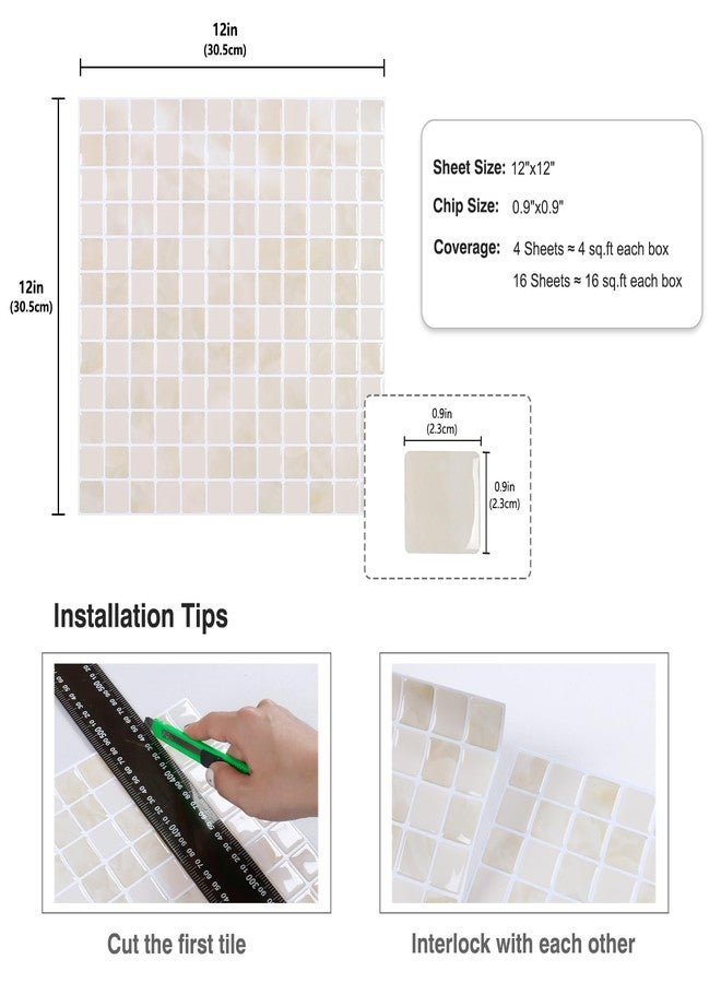 CRE8TIVE 4 Sheets Beige Peel and Stick Square Mosaic Backsplash Tile, 12"x12", Glossy Finish, Waterproof - Image 2