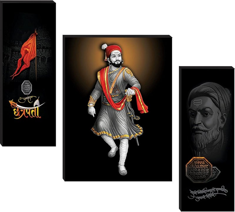 Masstone Chatrapati Shivaji Maharaj Wall Painting Wall Painting With Frame Set of 3 12 x 18 Inch Wall Painting for Living Room Painting for Wall Decoration