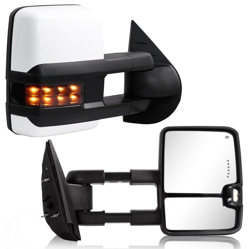 Towing Mirror for 20072013 Chevy Silverado GMC Sierra Tow Mirror with Power Adjusted Heated Glass Turn Signal Light Backup Lamp Extendable Pair Painted White 8624 Avalanche Suburban Tahoe Yukon