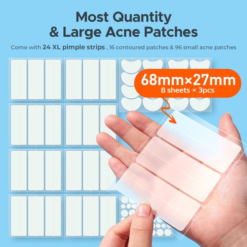 TKTK Large Pimple Patches for Face, 68 x 27 mm XL Hydrocolloid Bandages, Big Acne Patches for Body, Forehead, Chin, Nose, Chest and Back Blemish Zit Breakouts (Strip, Contoured, Dot 5 Sizes 136 Count) - Image 2