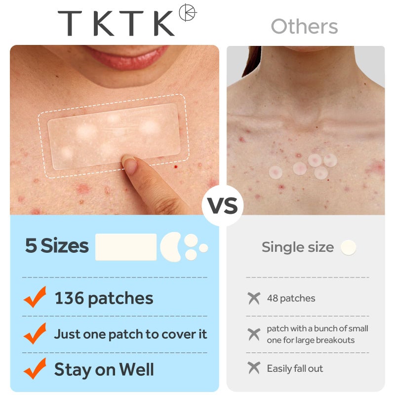 TKTK Large Pimple Patches for Face, 68 x 27 mm XL Hydrocolloid Bandages, Big Acne Patches for Body, Forehead, Chin, Nose, Chest and Back Blemish Zit Breakouts (Strip, Contoured, Dot 5 Sizes 136 Count) - Image 5
