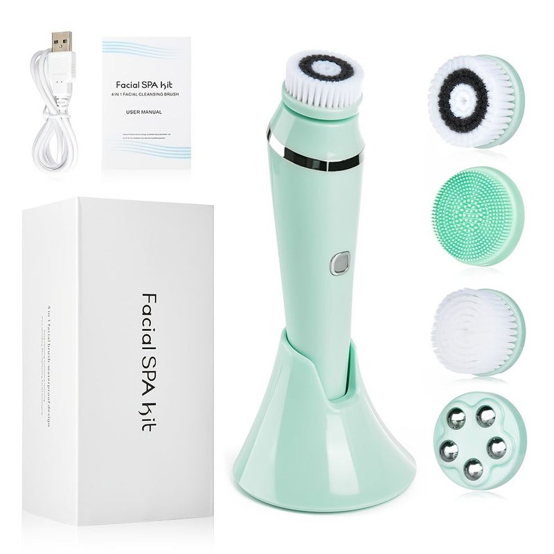 Green Rechargeable Electric Facial Cleansing Brush With Exfoliation And Massage Functions Three Speeds Adjustable For Men And Women Includes Four Brush Heads - Image 1