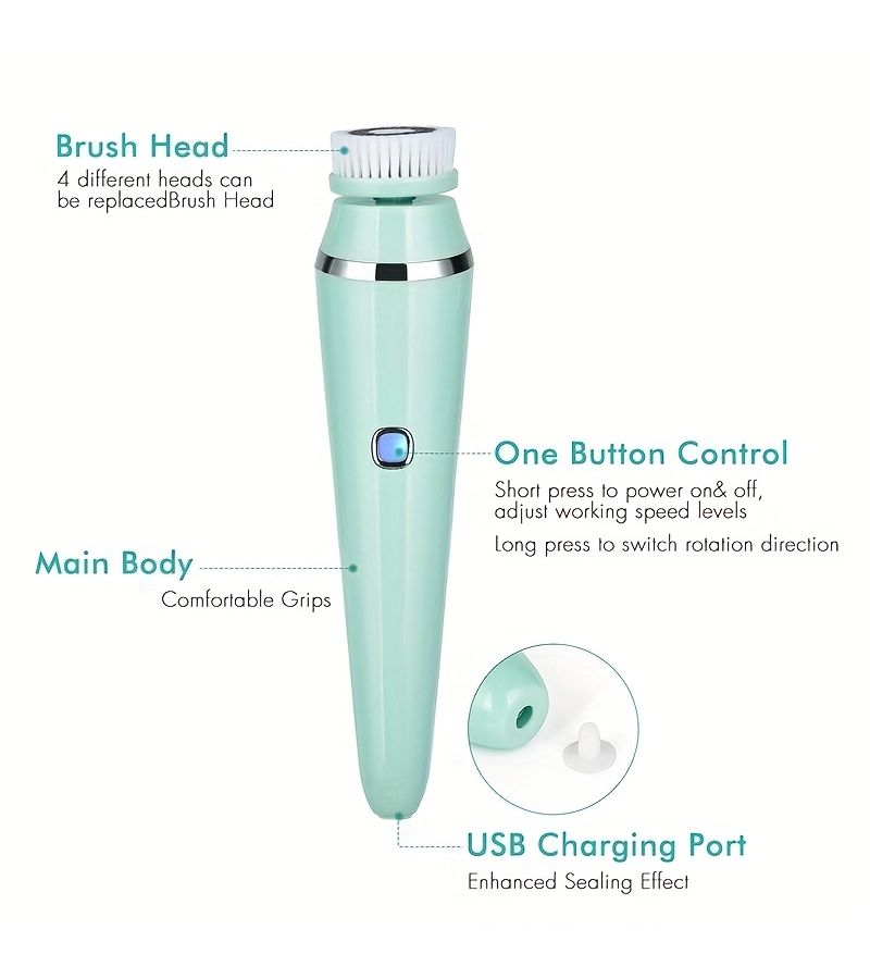 Green Rechargeable Electric Facial Cleansing Brush With Exfoliation And Massage Functions Three Speeds Adjustable For Men And Women Includes Four Brush Heads - Image 3