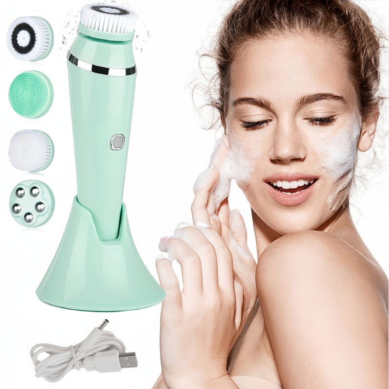 Green Rechargeable Electric Facial Cleansing Brush With Exfoliation And Massage Functions Three Speeds Adjustable For Men And Women Includes Four Brush Heads - Image 5
