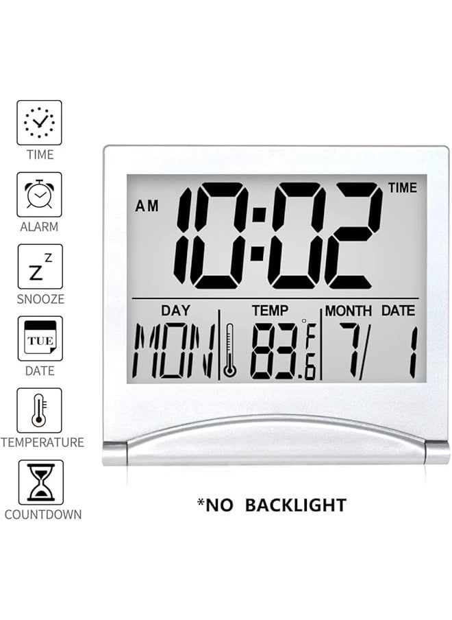 Digital Travel Alarm Clock 2 Pieces Foldable Calendar And Temperature And Timer Lcd Clock With Snooze Mode Large Number Display Multifunction Small Portable Clock Desk Clock Black Silver