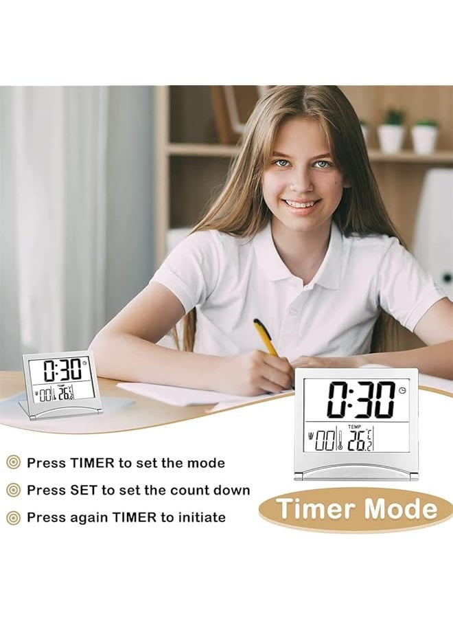 Digital Travel Alarm Clock 2 Pieces Foldable Calendar And Temperature And Timer Lcd Clock With Snooze Mode Large Number Display Multifunction Small Portable Clock Desk Clock Black Silver