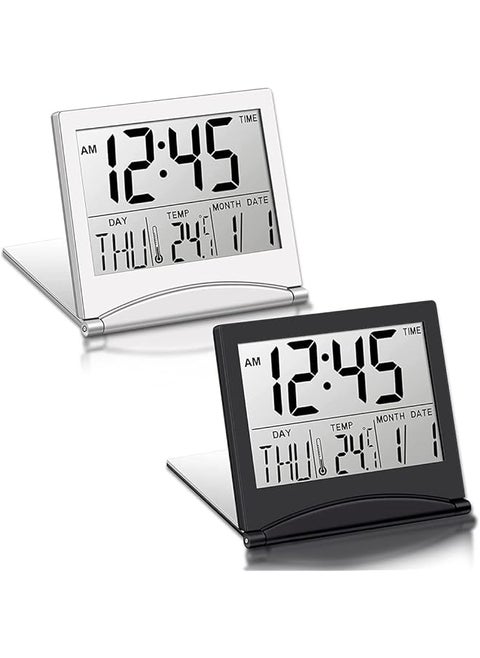 Digital Travel Alarm Clock 2 Pieces Foldable Calendar And Temperature And Timer Lcd Clock With Snooze Mode Large Number Display Multifunction Small Portable Clock Desk Clock Black Silver