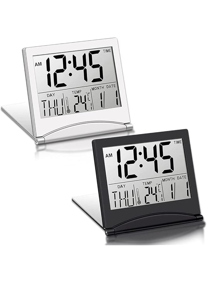 Digital Travel Alarm Clock 2 Pieces Foldable Calendar And Temperature And Timer Lcd Clock With Snooze Mode Large Number Display Multifunction Small Portable Clock Desk Clock Black Silver