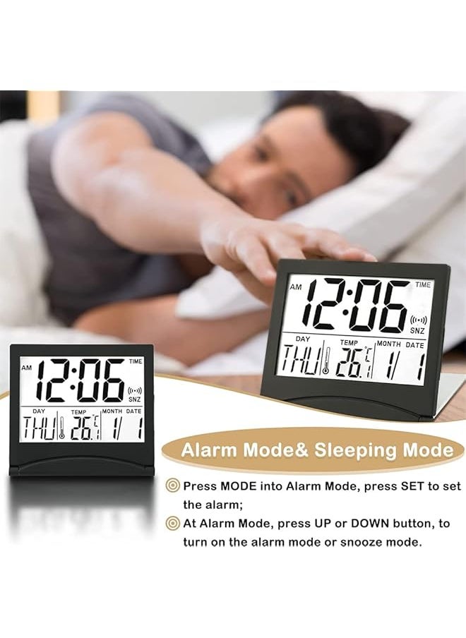 Digital Travel Alarm Clock 2 Pieces Foldable Calendar And Temperature And Timer Lcd Clock With Snooze Mode Large Number Display Multifunction Small Portable Clock Desk Clock Black Silver