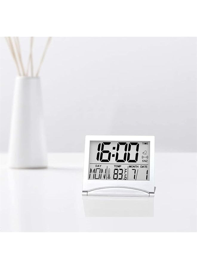 Digital Travel Alarm Clock 2 Pieces Foldable Calendar And Temperature And Timer Lcd Clock With Snooze Mode Large Number Display Multifunction Small Portable Clock Desk Clock Black Silver