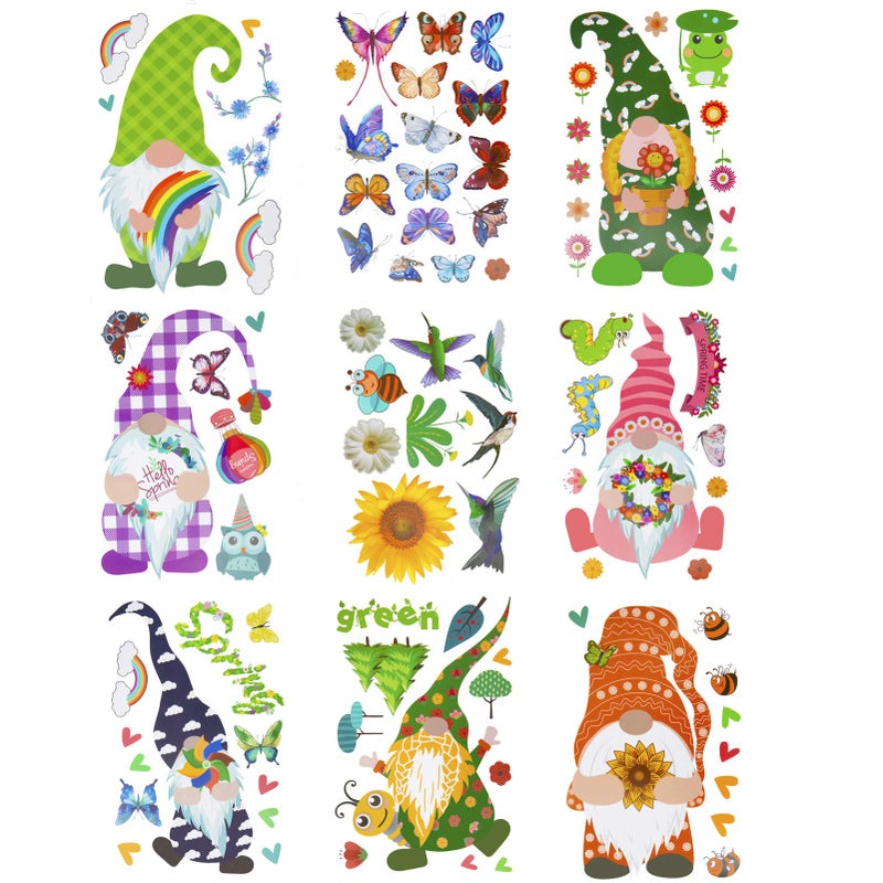 9 Sheets Spring Gnome Static Window Clings Double Sided Faceless Doll Flowers Butterfly Window Decals Stickers in 9 Styles Party Favors for Spring Home Cafe Restaurant Glass Door Window Decors