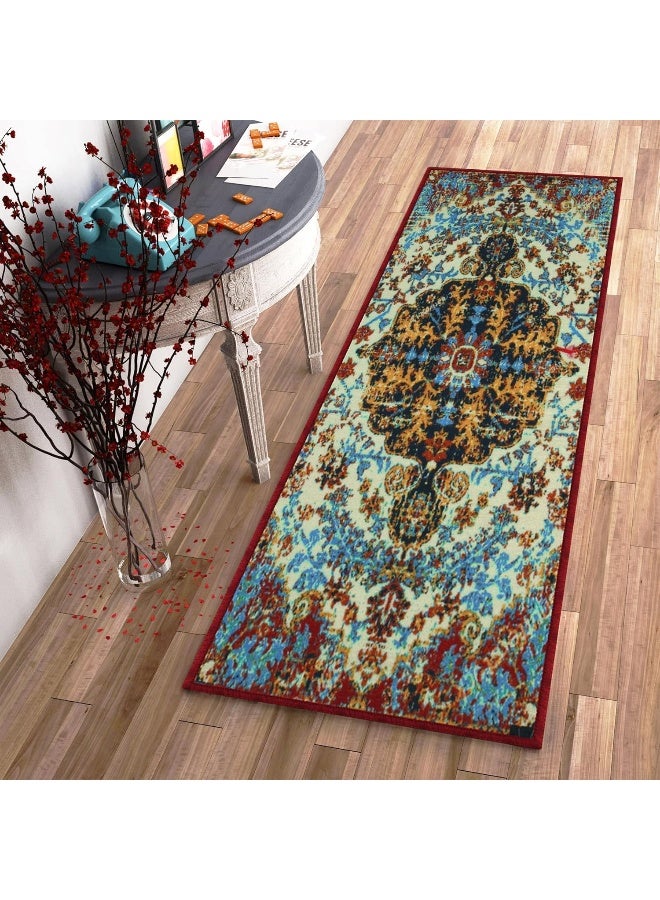 Story@Home Carpet For Bedroom, Area Washable Rugs For Bedroom, Kitchen Rug Moroccan Print (Blue And Cream, 60 X 150 Cm) - Image 1