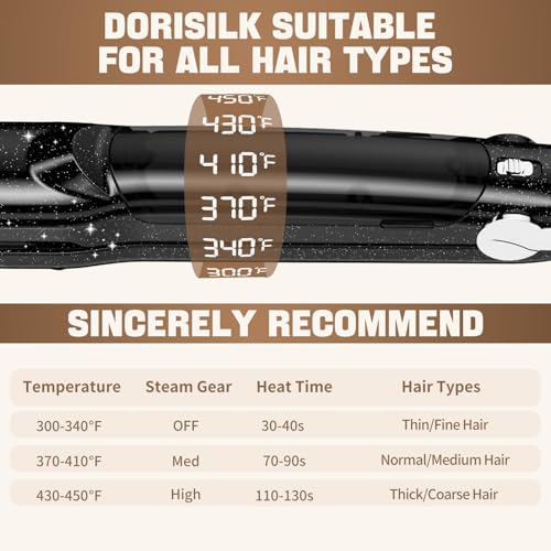DORISILK 2.0 Upgraded Steam Straighteners for Hair, Professional Salon Ceramic Tourmaline Vapor Steam Flat Iron Hair Straightener and Curler 2 in 1 Straightening Curling Iron, Dual Voltage LED Temp - Image 5