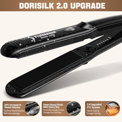 DORISILK 2.0 Upgraded Steam Straighteners for Hair, Professional Salon Ceramic Tourmaline Vapor Steam Flat Iron Hair Straightener and Curler 2 in 1 Straightening Curling Iron, Dual Voltage LED Temp - Image 4