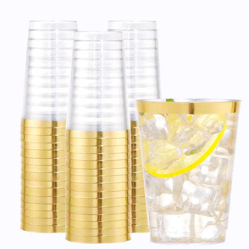 WDF 100 PACK Gold Plastic Cups  12 OZ Gold Rimmed Disposable Cups for Party Holiday Gathering Wedding