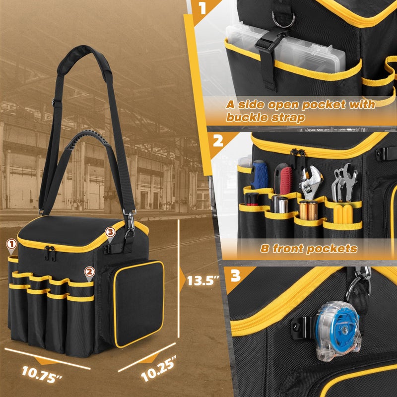 Marscamd Tool Bag with a Detachable Divider and Shoulder Strap, Heavy Duty Tool Tote with Multiple Pockets, Black - Image 4