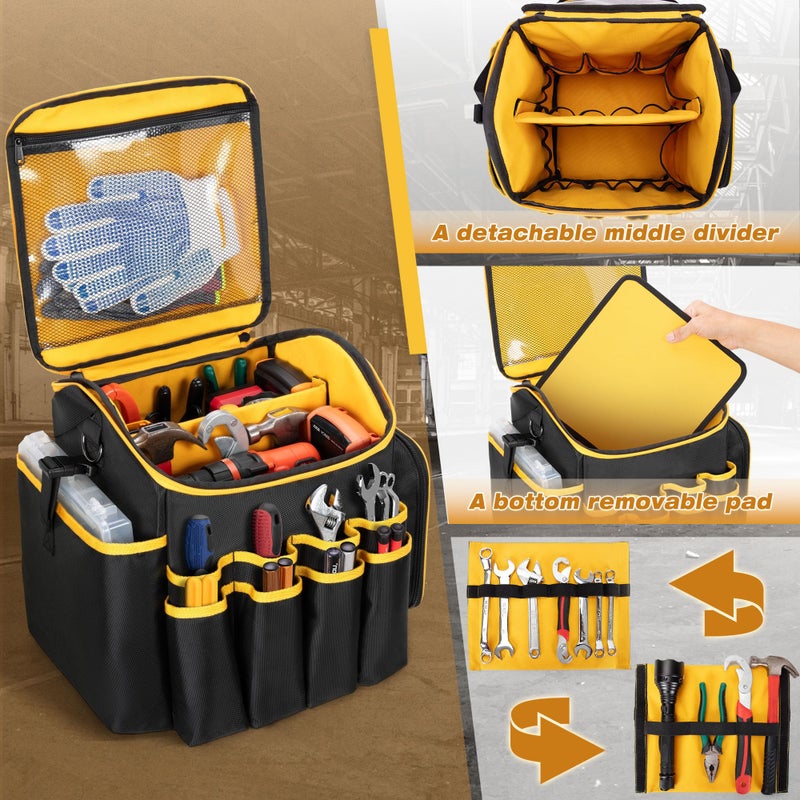Marscamd Tool Bag with a Detachable Divider and Shoulder Strap, Heavy Duty Tool Tote with Multiple Pockets, Black - Image 2