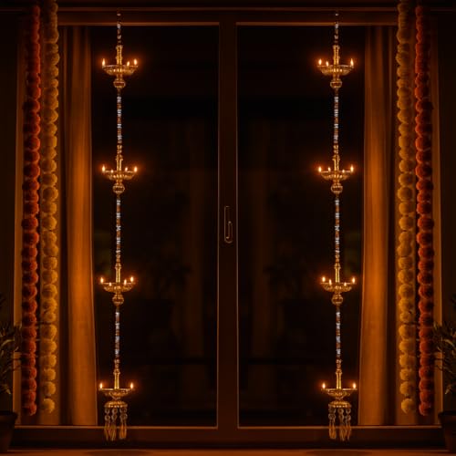 Zerya Hanging 5 Deep Multi Layer Electric Diya Deepak Light Pooja Diya Rice LED Light for Door Entrance, Mandir Diya for Home Temple Decor Electric Diya (4 Step Hanging, Pack of 2) - Image 1
