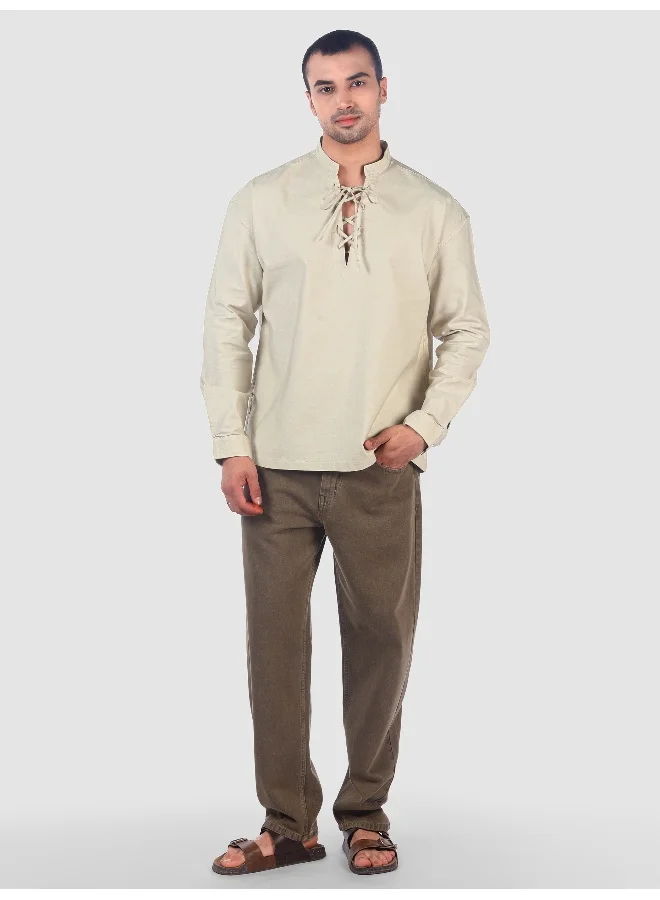 Beyoung Cream Oxford Kurta Shirt