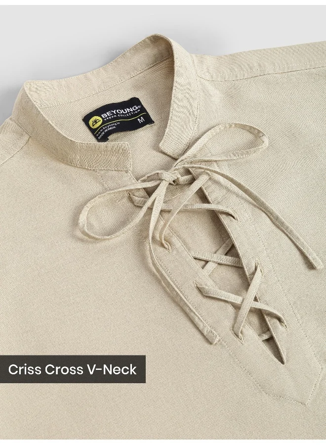 Beyoung Cream Oxford Kurta Shirt