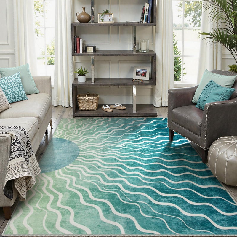 Wonnitar Boho Sun Washable Area Rugs 5x7, Green Rugs for Living Room Dining Room, Non Slip Ultra Thin Modern Ombre Dark Green Carpet for Classroom Bedroom Playroom, Teal/Multi - Image 1