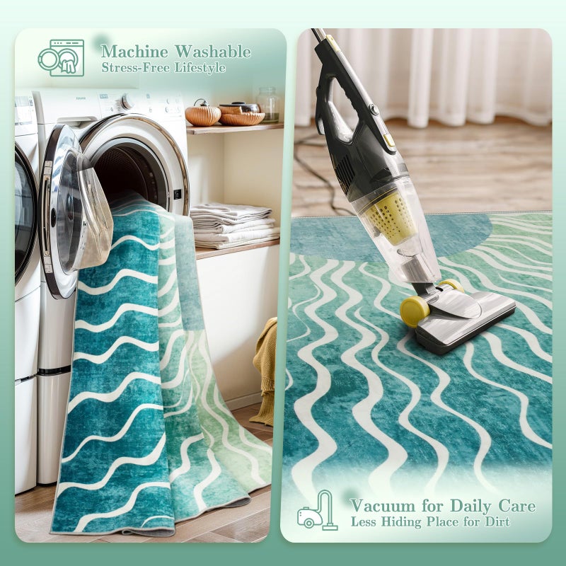 Wonnitar Boho Sun Washable Area Rugs 5x7, Green Rugs for Living Room Dining Room, Non Slip Ultra Thin Modern Ombre Dark Green Carpet for Classroom Bedroom Playroom, Teal/Multi - Image 5