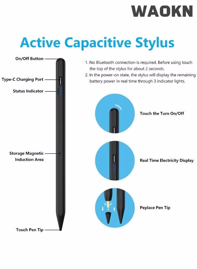 WAOKN Stylus Pen/Apple Pencil for iPad 10/9th Gen, iPad Pen Compatible with (2018-2025) Apple iPad Pro 11 & 12.9 inch, iPad Mini 6th/5th Gen, iPad Air 3/4/5, iPad 6/7/8th Gen for Writing/Drawing,With Fast Charging & Palm Rejection For Apple iPad 2018 and Later , Black(Not Applicable to all Android Devices such as Samsung, Huawei, Xiaomi) - Image 4