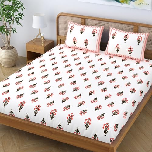 Colorish Cotton Blend Ethnic Bloom King Size Double Bedsheet with 2 Pillow Covers - Peach Bloom - Image 3