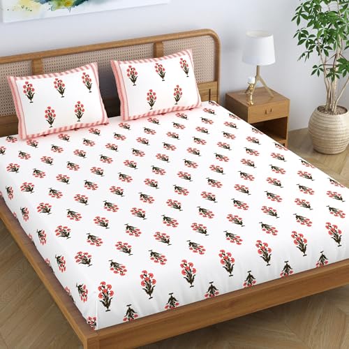Colorish Cotton Blend Ethnic Bloom King Size Double Bedsheet with 2 Pillow Covers - Peach Bloom - Image 1