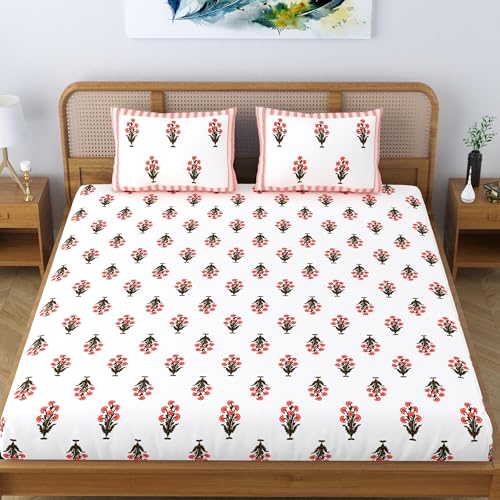 Colorish Cotton Blend Ethnic Bloom King Size Double Bedsheet with 2 Pillow Covers - Peach Bloom - Image 2