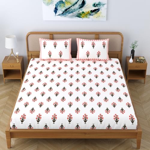 Colorish Cotton Blend Ethnic Bloom King Size Double Bedsheet with 2 Pillow Covers - Peach Bloom - Image 5