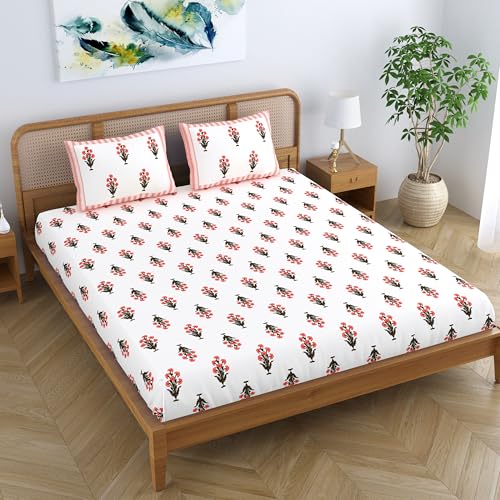 Colorish Cotton Blend Ethnic Bloom King Size Double Bedsheet with 2 Pillow Covers - Peach Bloom - Image 4