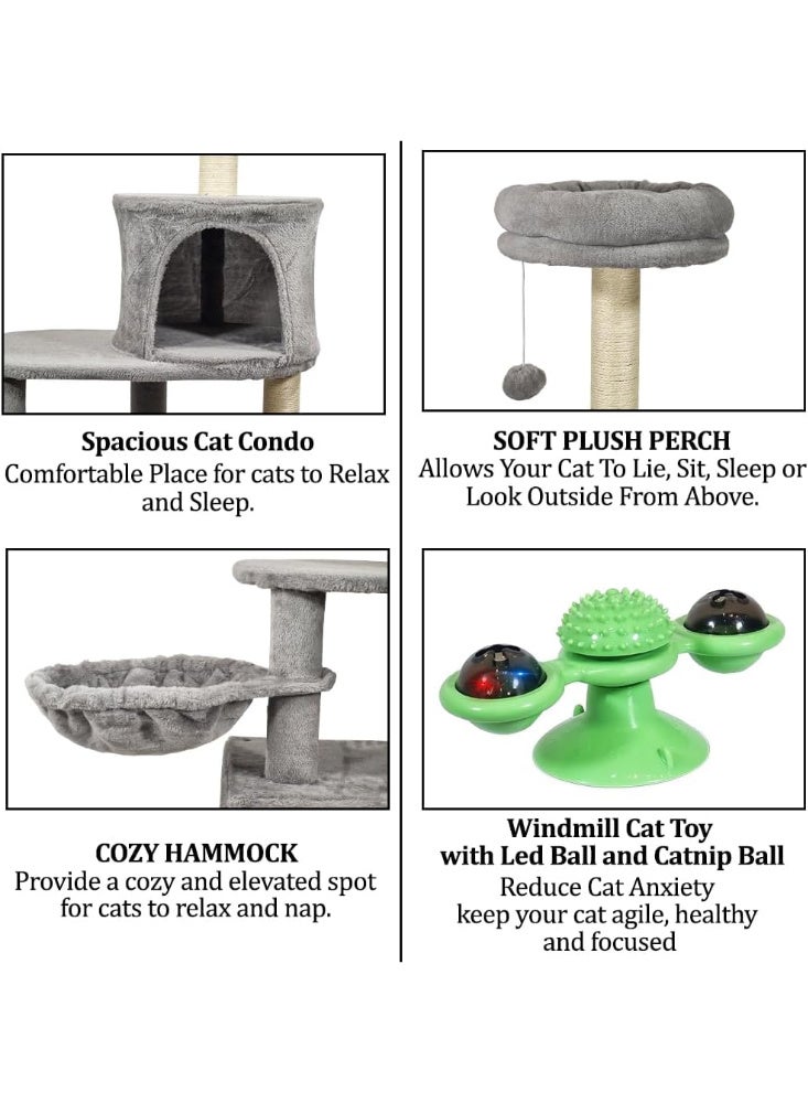 أن ان سي بيتس شجرة قطط كبيرة مع لعبة تفاعلية للقطط، لعبة طاحونة هوائية للقطط مع مصابيح LED وكرات النعناع البري، برج شجرة قطط داخلي مع لوح خدش، شقق مريحة، مجاثم علوية، وأرجوحة - شجرة قطط بارتفاع 147 سم (رمادي) - Image 3