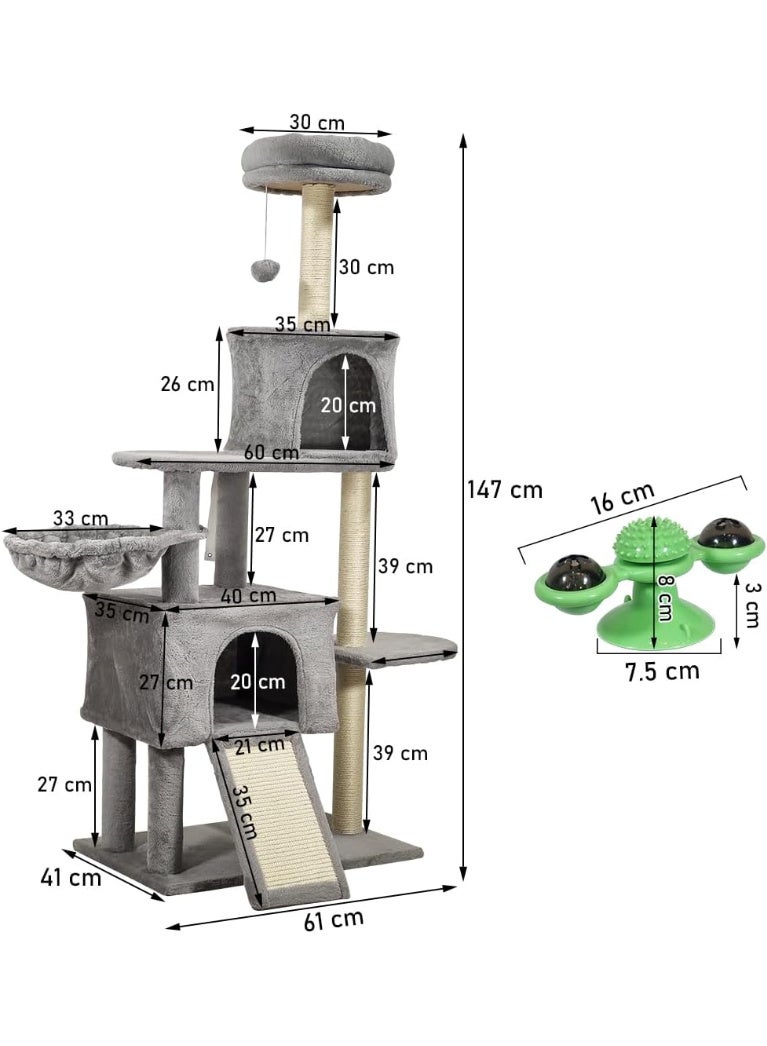 أن ان سي بيتس شجرة قطط كبيرة مع لعبة تفاعلية للقطط، لعبة طاحونة هوائية للقطط مع مصابيح LED وكرات النعناع البري، برج شجرة قطط داخلي مع لوح خدش، شقق مريحة، مجاثم علوية، وأرجوحة - شجرة قطط بارتفاع 147 سم (رمادي) - Image 2