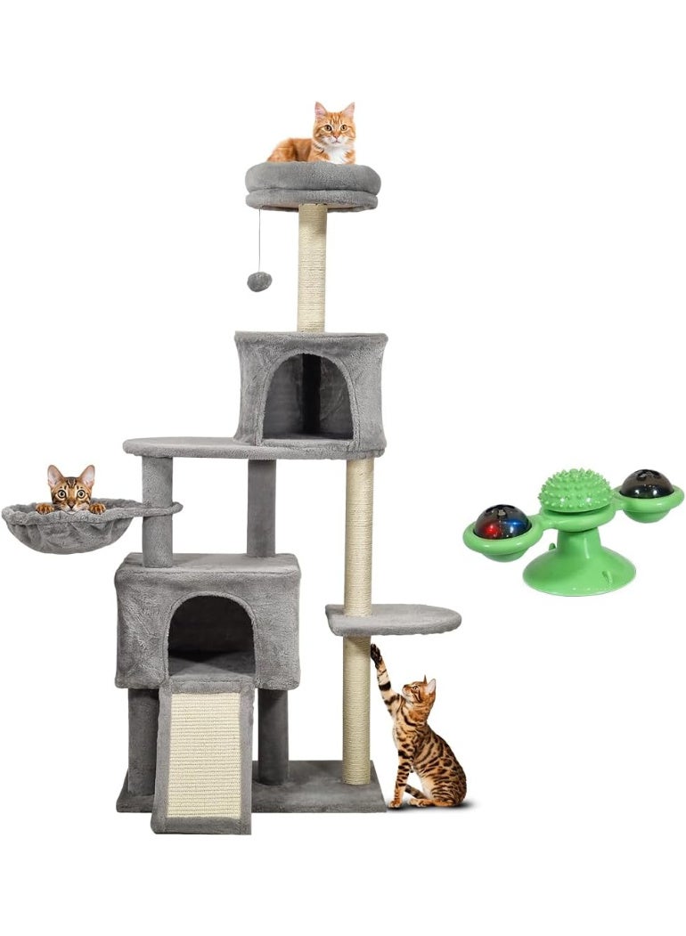 أن ان سي بيتس شجرة قطط كبيرة مع لعبة تفاعلية للقطط، لعبة طاحونة هوائية للقطط مع مصابيح LED وكرات النعناع البري، برج شجرة قطط داخلي مع لوح خدش، شقق مريحة، مجاثم علوية، وأرجوحة - شجرة قطط بارتفاع 147 سم (رمادي) - Image 1
