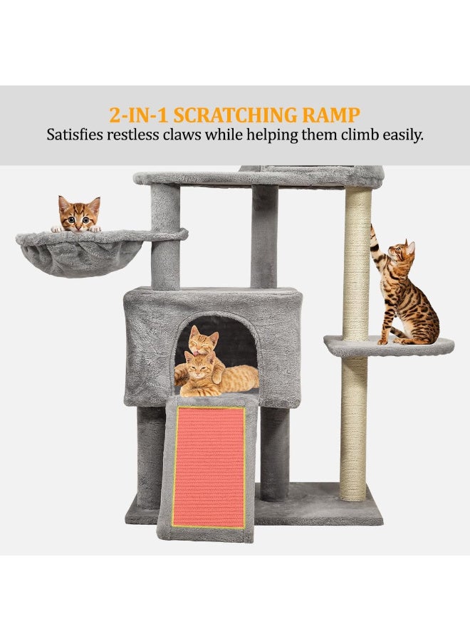 أن ان سي بيتس شجرة قطط كبيرة مع لعبة تفاعلية للقطط، لعبة طاحونة هوائية للقطط مع مصابيح LED وكرات النعناع البري، برج شجرة قطط داخلي مع لوح خدش، شقق مريحة، مجاثم علوية، وأرجوحة - شجرة قطط بارتفاع 147 سم (رمادي) - Image 4