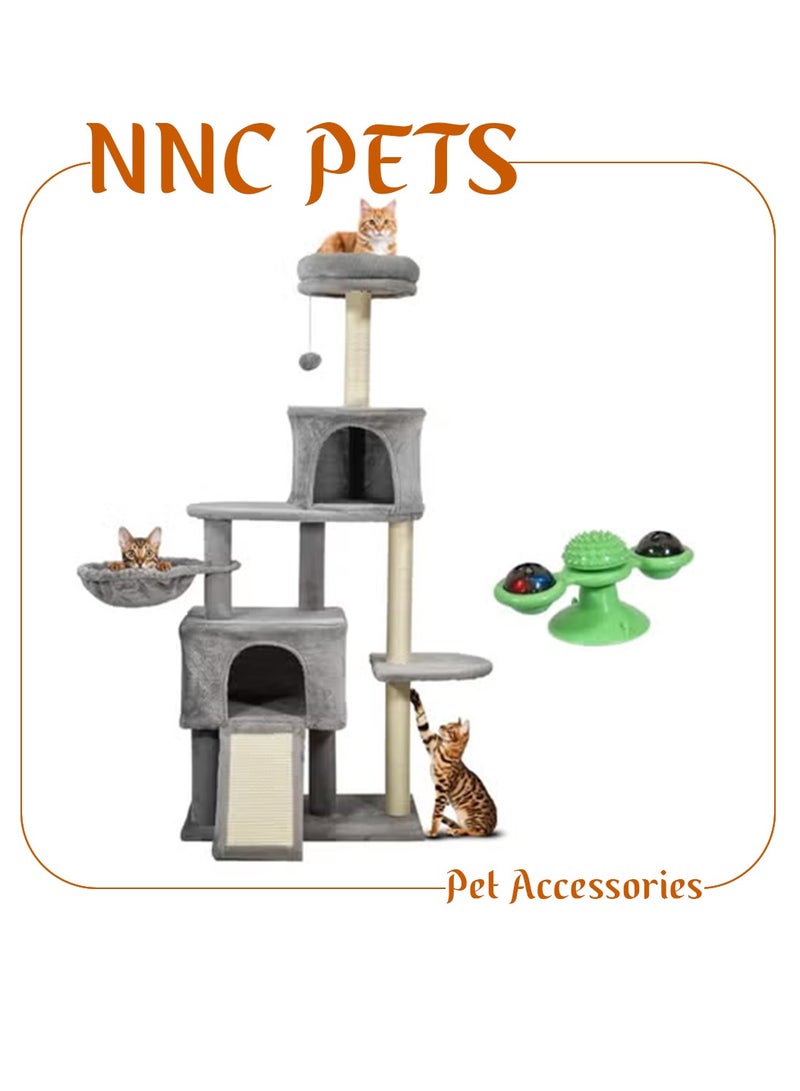 NNC PETS Large CatTree with Interactive Cat Toy, Windmill Cat Toy with LED and Catnip Balls, Indoor Cat Tree Tower with Scratching Board, Cozy Condos, Top Perches, and Hammock – 147 cm Height Cat Tree (Grey) - Image 1