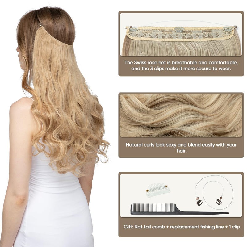 SARLA Invisible Wire Hair Extensions with 3 Clips Short Synthetic Wavy Curly Hairpiece Adjustable Transparent Headband for Women 12 Inch Ash Medium Brown/Ash Blonde Highlights - Image 3