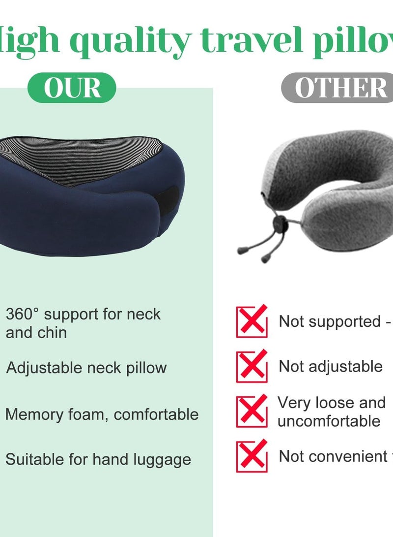 Travel Pillow for Airplane, Neck Pillow for Travel, Memory Cotton Travel Neck Pillow for Adults, Adjustable Flight Pillow, Ergonomic Neck Cushion, With Ear Plugs, Eye Mask, Carry Bag (Blue)