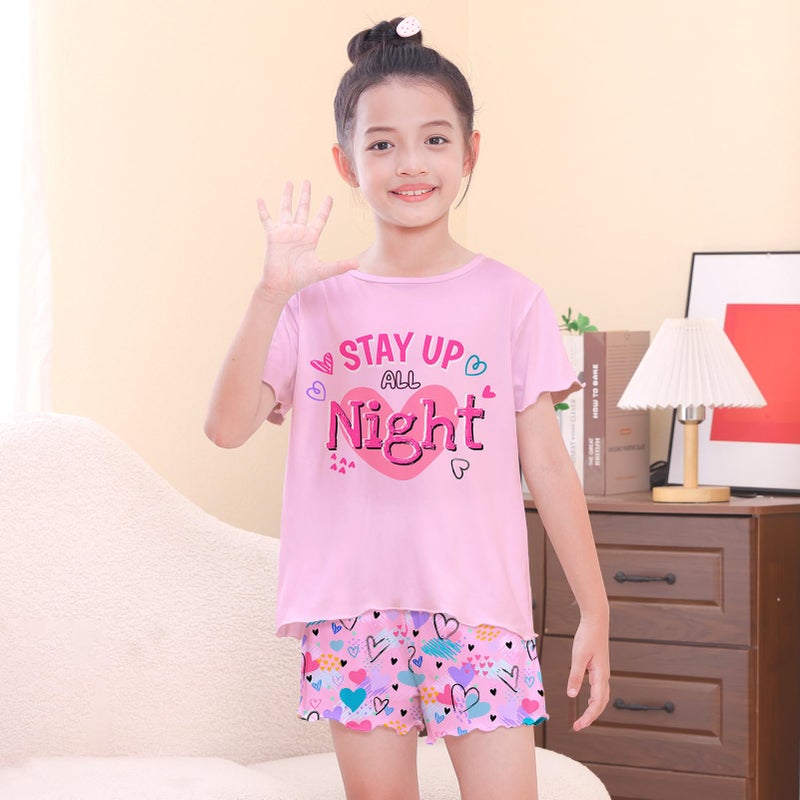 Play Tailor Girls Pajamas for Toddler Ruffled Kids Pajamas Set Short Sleeves Summer Pjs Sleepwear for Girl, Light Pink(Shirt & Short Set), 7-8Y - Image 2