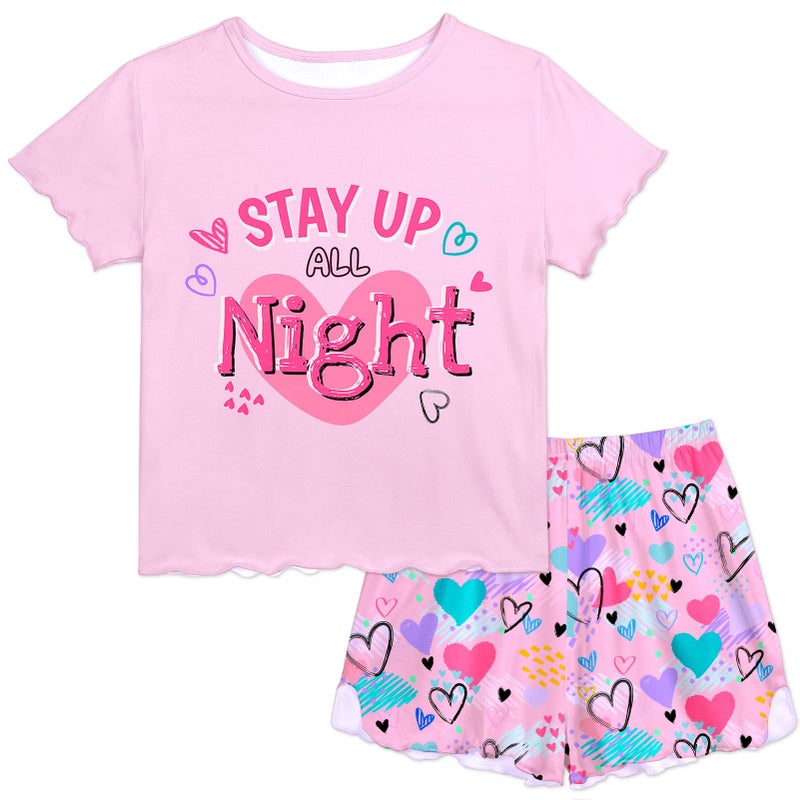 Play Tailor Girls Pajamas for Toddler Ruffled Kids Pajamas Set Short Sleeves Summer Pjs Sleepwear for Girl, Light Pink(Shirt & Short Set), 7-8Y - Image 1