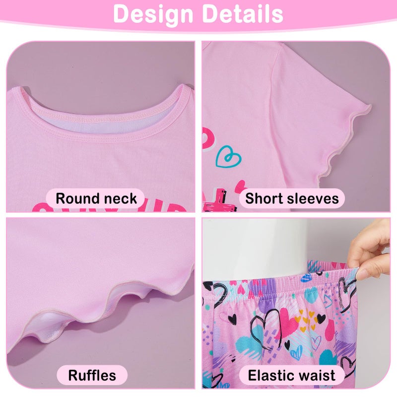 Play Tailor Girls Pajamas for Toddler Ruffled Kids Pajamas Set Short Sleeves Summer Pjs Sleepwear for Girl, Light Pink(Shirt & Short Set), 7-8Y - Image 3