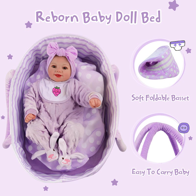BABESIDE Lifelike Reborn Baby Dolls with Bassinet, 17 Inch Soft Body Realistic Newborn Real Life Girl Baby Dolls Soft Vinyl and Cloth Body with Basket & Feeding Kit Gift Box for Kids Age 3+ - Image 3