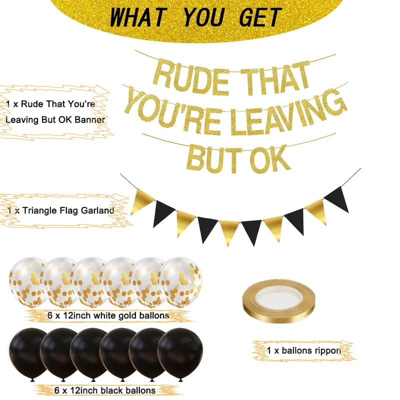 ADULLPONY Rude That You're Leaving But OK Banner Going Away Party Decorations Funny Farewell Party Decorations Set with Black and Gold Glitter Perfect for Office Coworker Goodbye Party Decorationsâ€¦ - Image 2