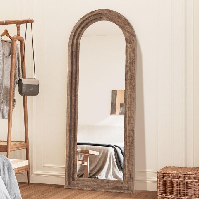 65X24 INCH ARCHED WOOD FRAME MIRROR DISTRESSED FINISH FOR WALLFLOOR LIVING ROOM BEDROOM ENTRYWAY COFFEE